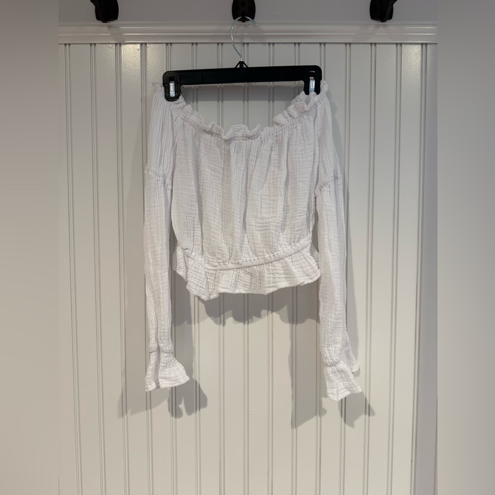 Blue Life White Smocked Crop Blouse with Bell Sleeves